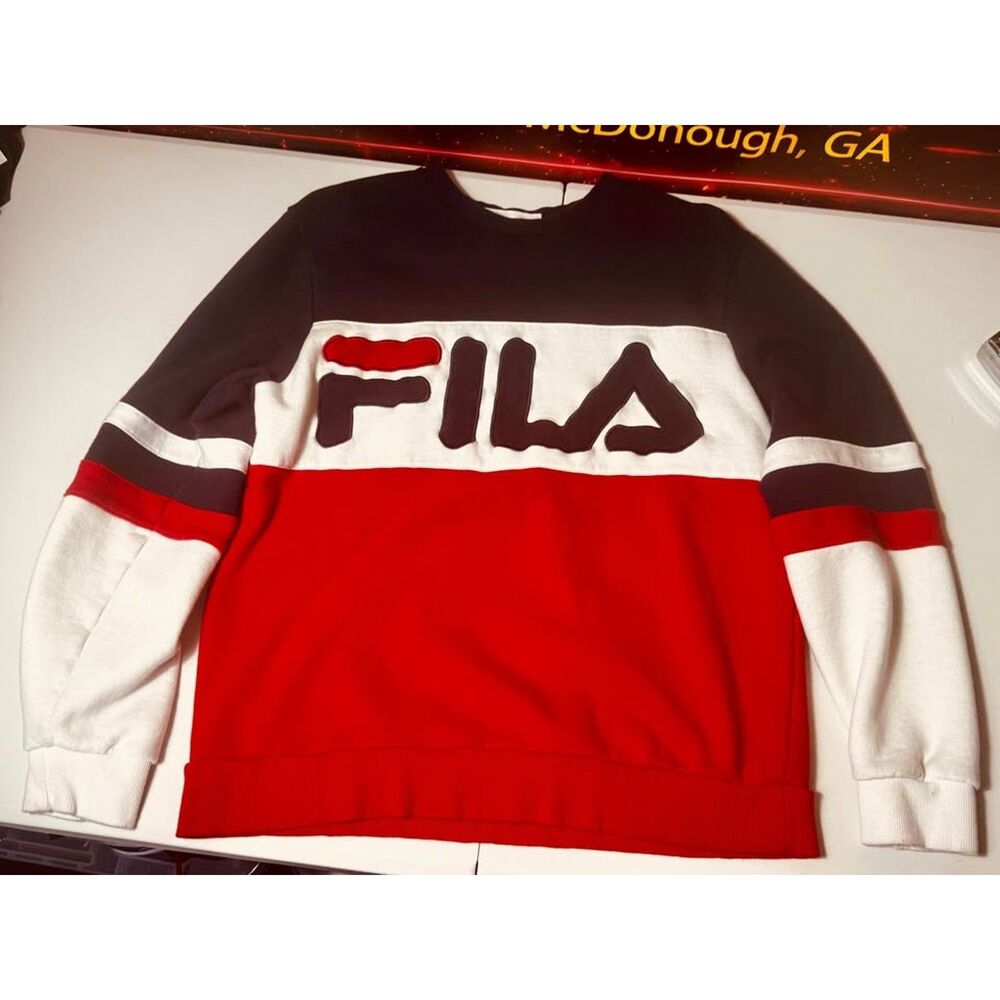 FILA Straight Blocked Colorblock Crewneck Sweatshirt Black White Red Men Medium